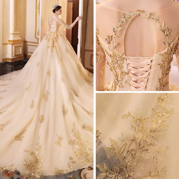 Luxe Champagne Transparentes Robe De Mariée 2019 Princesse V-Cou 3/4 Manches Dos Nu Appliques En Dentelle Perlage Paillettes Glitter Tulle Cathedral Train Volants