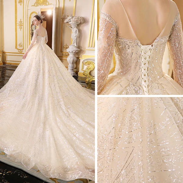 Sparkly Champagne See-through Wedding Dresses 2019 Ball Gown Scoop Neck Long Sleeve Backless Glitter Sequins Cathedral Train Ruffle