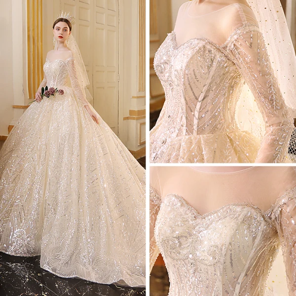Sparkly Champagne See-through Wedding Dresses 2019 Ball Gown Scoop Neck Long Sleeve Backless Glitter Sequins Cathedral Train Ruffle