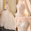 Sparkly Champagne See-through Wedding Dresses 2019 Ball Gown Scoop Neck Long Sleeve Backless Glitter Sequins Cathedral Train Ruffle