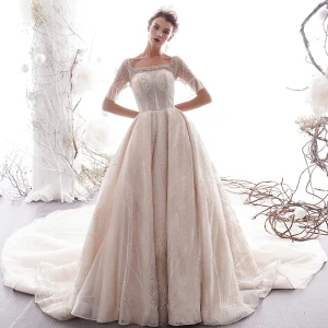 Classy Champagne See Through Wedding Dresses 2019 Princess Square Neckline Bell Sleeves Backless Beading Appliques Lace Glitter Tulle Cathedral Train Ruffle