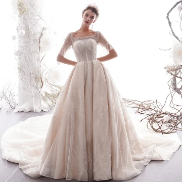 Stijlvolle Champagne Doorzichtige Trouwjurken 2019 Prinses Vierkante Halslijn Bell Mouwen Ruglooze Kralen Appliques Kant Glans Tule Cathedral Train Ruche