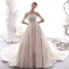Chic Champagne Transparentes Robe De Mariée 2019 Princesse Encolure Carrée Manches de cloche Dos Nu Perlage Appliques En Dentelle Glitter Tulle Cathedral Train Volants