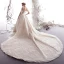 Chic Champagne Transparentes Robe De Mariée 2019 Princesse Encolure Carrée Manches de cloche Dos Nu Perlage Appliques En Dentelle Glitter Tulle Cathedral Train Volants