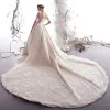 Classy Champagne See-through Wedding Dresses 2019 Princess Square Neckline Bell sleeves Backless Beading Appliques Lace Glitter Tulle Cathedral Train Ruffle