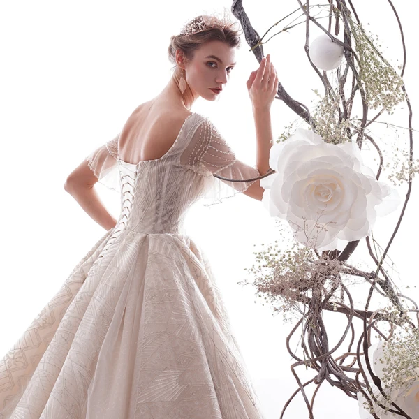 Chic Champagne Transparentes Robe De Mariée 2019 Princesse Encolure Carrée Manches de cloche Dos Nu Perlage Appliques En Dentelle Glitter Tulle Cathedral Train Volants