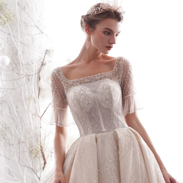 Chic Champagne Transparentes Robe De Mariée 2019 Princesse Encolure Carrée Manches de cloche Dos Nu Perlage Appliques En Dentelle Glitter Tulle Cathedral Train Volants