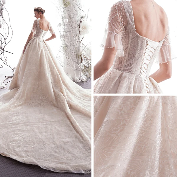 Chic Champagne Transparentes Robe De Mariée 2019 Princesse Encolure Carrée Manches de cloche Dos Nu Perlage Appliques En Dentelle Glitter Tulle Cathedral Train Volants