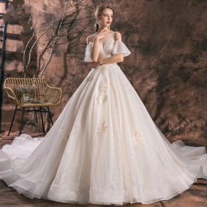 Romantique Champagne Transparentes Robe De Mariée 2019 Princesse Encolure Dégagée Manches Courtes Dos Nu Appliques En Dentelle Glitter Tulle Cathedral Train Volants