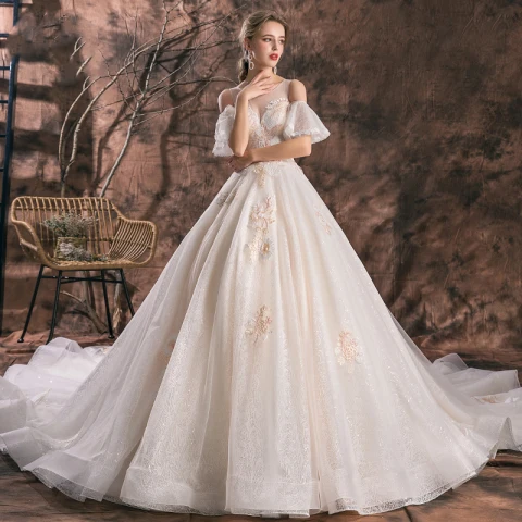 Romantisch Champagner Durchsichtige Brautkleider / Hochzeitskleider 2019 A Linie Rundhalsausschnitt Kurze Ärmel Rückenfreies Applikationen Spitze Glanz Tülle Kathedrale Schleppe Rüschen