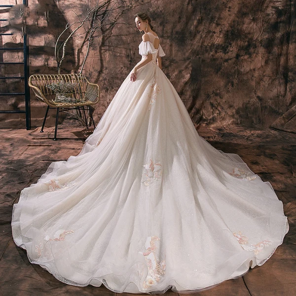Romantisch Champagner Durchsichtige Brautkleider / Hochzeitskleider 2019 A Linie Rundhalsausschnitt Kurze Ärmel Rückenfreies Applikationen Spitze Glanz Tülle Kathedrale Schleppe Rüschen