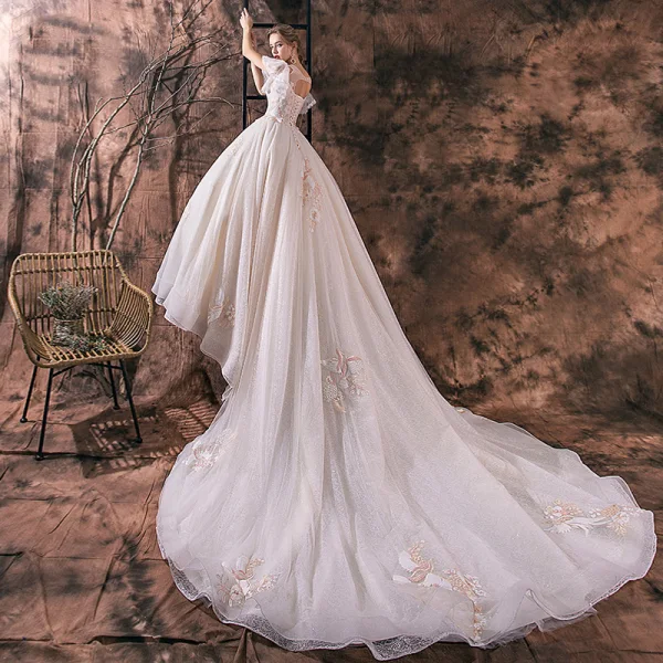 Romantisch Champagner Durchsichtige Brautkleider / Hochzeitskleider 2019 A Linie Rundhalsausschnitt Kurze Ärmel Rückenfreies Applikationen Spitze Glanz Tülle Kathedrale Schleppe Rüschen