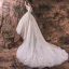 Romantisch Champagner Durchsichtige Brautkleider / Hochzeitskleider 2019 A Linie Rundhalsausschnitt Kurze Ärmel Rückenfreies Applikationen Spitze Glanz Tülle Kathedrale Schleppe Rüschen