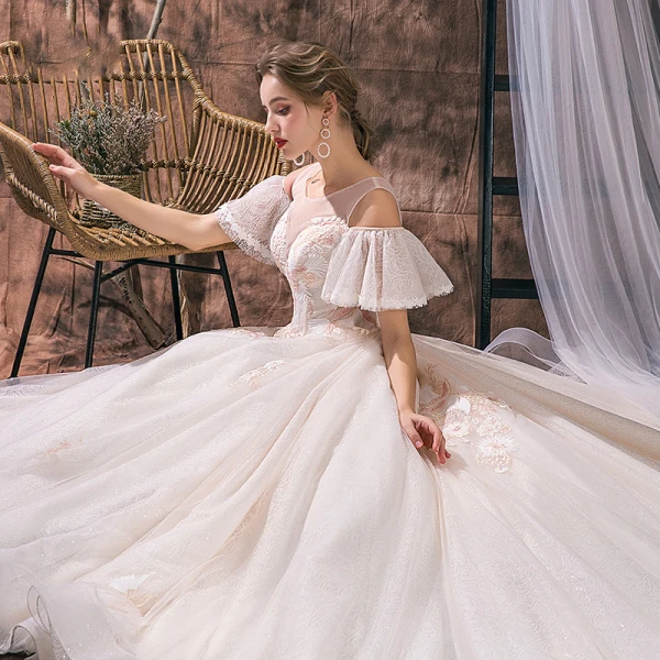 Romantisch Champagner Durchsichtige Brautkleider / Hochzeitskleider 2019 A Linie Rundhalsausschnitt Kurze Ärmel Rückenfreies Applikationen Spitze Glanz Tülle Kathedrale Schleppe Rüschen
