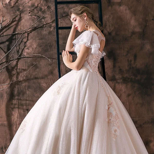 Romantisch Champagner Durchsichtige Brautkleider / Hochzeitskleider 2019 A Linie Rundhalsausschnitt Kurze Ärmel Rückenfreies Applikationen Spitze Glanz Tülle Kathedrale Schleppe Rüschen