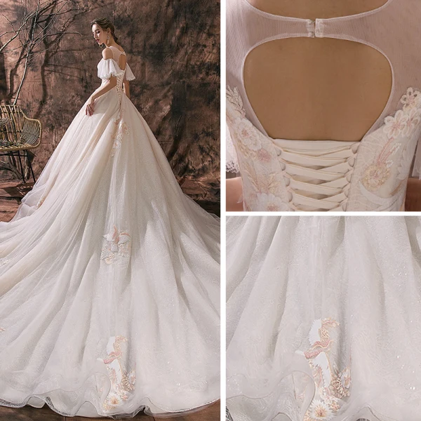 Romantisch Champagner Durchsichtige Brautkleider / Hochzeitskleider 2019 A Linie Rundhalsausschnitt Kurze Ärmel Rückenfreies Applikationen Spitze Glanz Tülle Kathedrale Schleppe Rüschen