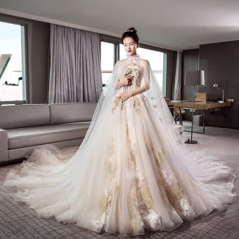 Elegant Champagne Wedding Dresses With Shawl 2019 A Line Princess Spaghetti Straps Sleeveless Backless Appliques Lace Pearl Beading Cathedral Train Ruffle
