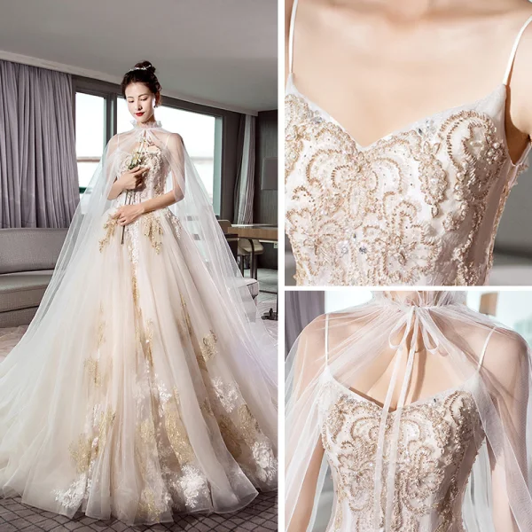 Eleganckie Szampan Suknie Ślubne Z Szalem 2019 Princessa Spaghetti Pasy Bez Rękawów Bez Pleców Aplikacje Z Koronki Perła Frezowanie Trenem Katedra Wzburzyć
