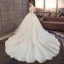 Chic / Beautiful Wedding Dresses Champagne 2019 A-Line / Princess Off-The-Shoulder Short Sleeve Backless Star Appliques Lace Pearl Beading Cathedral Train Ruffle
