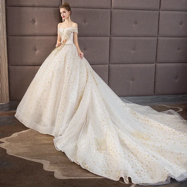 Chic / Beautiful Wedding Dresses Champagne 2019 A-Line / Princess Off-The-Shoulder Short Sleeve Backless Star Appliques Lace Pearl Beading Cathedral Train Ruffle