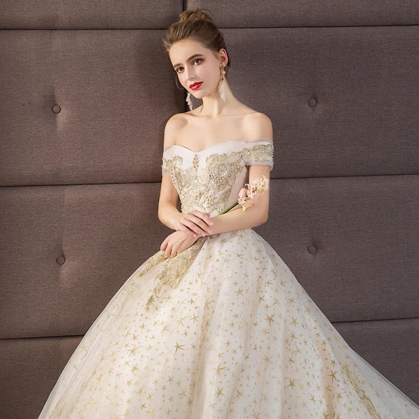 Chic / Beautiful Wedding Dresses Champagne 2019 A-Line / Princess Off-The-Shoulder Short Sleeve Backless Star Appliques Lace Pearl Beading Cathedral Train Ruffle