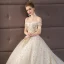 Chic / Beautiful Wedding Dresses Champagne 2019 A-Line / Princess Off-The-Shoulder Short Sleeve Backless Star Appliques Lace Pearl Beading Cathedral Train Ruffle