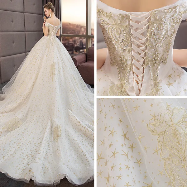 Chic / Beautiful Wedding Dresses Champagne 2019 A-Line / Princess Off-The-Shoulder Short Sleeve Backless Star Appliques Lace Pearl Beading Cathedral Train Ruffle