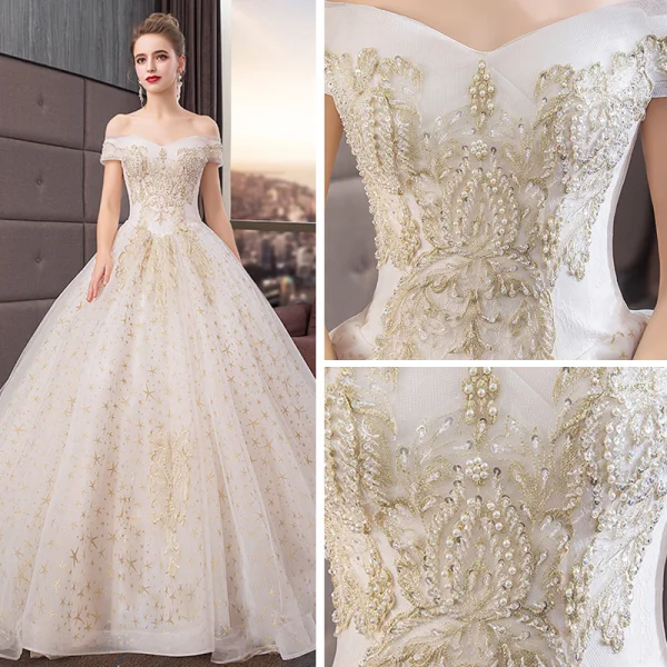 Chic / Beautiful Wedding Dresses Champagne 2019 A-Line / Princess Off-The-Shoulder Short Sleeve Backless Star Appliques Lace Pearl Beading Cathedral Train Ruffle