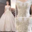 Chic / Beautiful Wedding Dresses Champagne 2019 A-Line / Princess Off-The-Shoulder Short Sleeve Backless Star Appliques Lace Pearl Beading Cathedral Train Ruffle