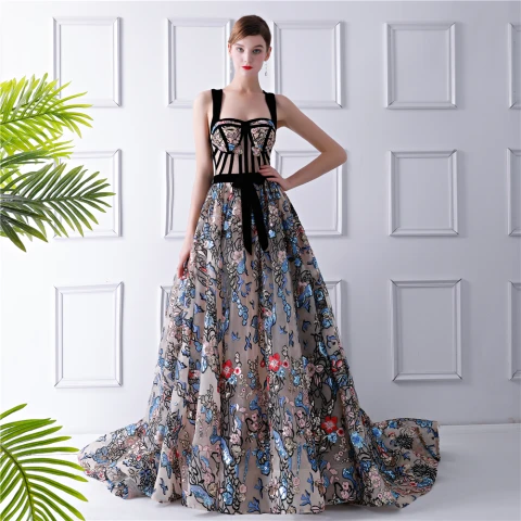 Colores Multi-Colors Vestidos de noche 2019 A-Line / Princess Hombros Sin Mangas Floral Bordado Cinturón Colas De La Corte Ruffle Sin Espalda Vestidos Formales