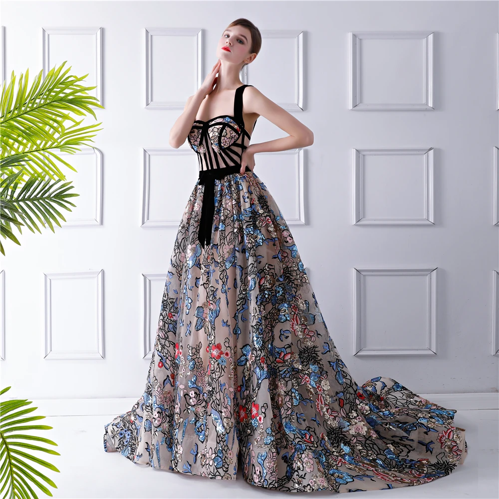 Colored Multi-Colors Evening Dresses 2019 A-Line / Princess Shoulders Sleeveless Floral Embroidered Sash Court Train Ruffle Backless Formal Dresses