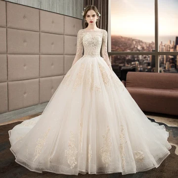 Illusion Ivory See Through Wedding Dresses 2019 A Line Princess Square Neckline Long Sleeve Backless Appliques Lace Beading Glitter Tulle Cathedral Train Ruffle