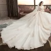 Illusion Ivory See-through Wedding Dresses 2019 A-Line / Princess Square Neckline Long Sleeve Backless Appliques Lace Beading Glitter Tulle Cathedral Train Ruffle