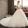 Illusion Ivory See-through Wedding Dresses 2019 A-Line / Princess Square Neckline Long Sleeve Backless Appliques Lace Beading Glitter Tulle Cathedral Train Ruffle