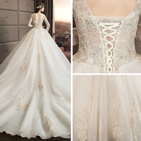 Illusion Ivoire Transparentes Robe De Mariée 2019 Princesse Encolure Carrée Manches Longues Dos Nu Appliques En Dentelle Perlage Glitter Tulle Cathedral Train Volants