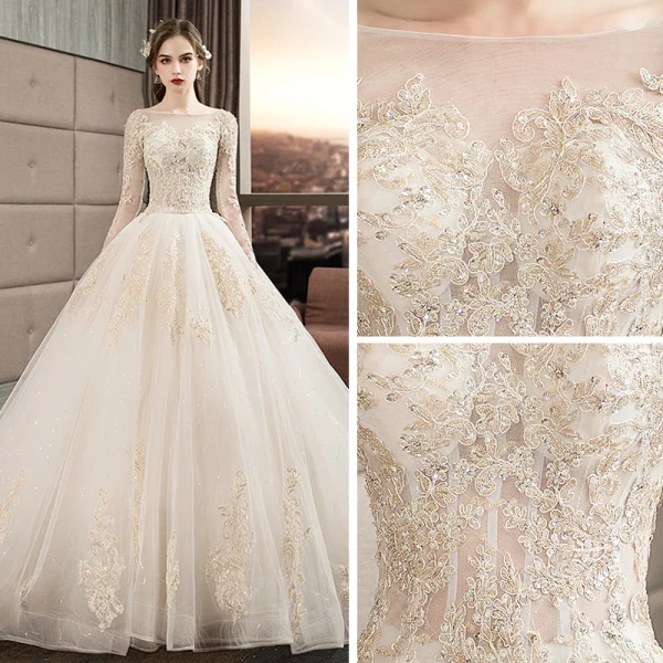 Illusion Ivoire Transparentes Robe De Mariée 2019 Princesse Encolure Carrée Manches Longues Dos Nu Appliques En Dentelle Perlage Glitter Tulle Cathedral Train Volants