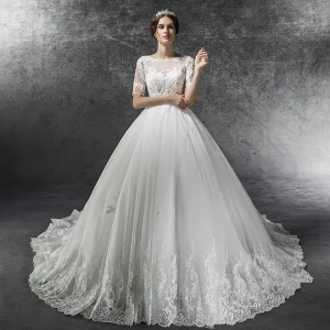 Elegant Elfenben Pluss Størrelsen Gravid Brudekjoler 2019 Empire Gjennomsiktig Firkantet Hals Korte Ermer Ryggløse Appliques Blonder Beading Cathedral Train Buste