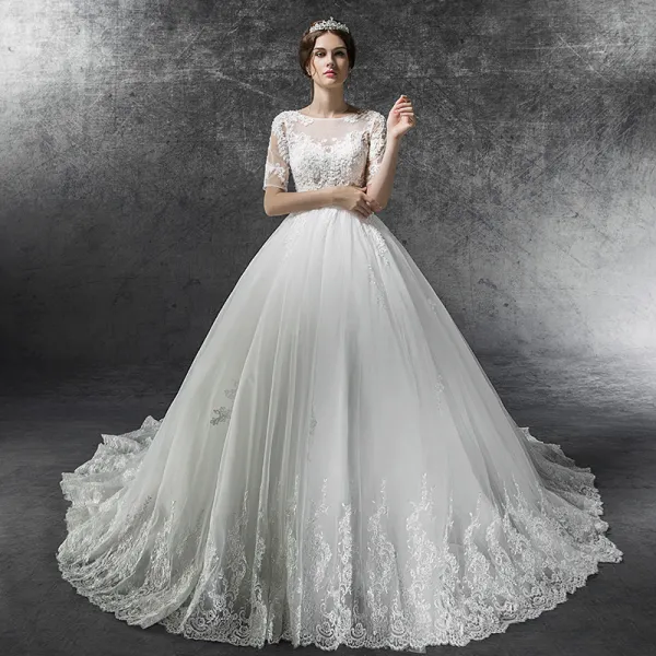 Elegant Ivory Plus Size Pregnant Wedding Dresses 2019 Empire See-through Square Neckline Short Sleeve Backless Appliques Lace Beading Cathedral Train Ruffle