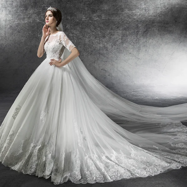 Elegant Ivory Plus Size Pregnant Wedding Dresses 2019 Empire See-through Square Neckline Short Sleeve Backless Appliques Lace Beading Cathedral Train Ruffle
