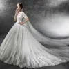 Elegant Ivory Plus Size Pregnant Wedding Dresses 2019 Empire See-through Square Neckline Short Sleeve Backless Appliques Lace Beading Cathedral Train Ruffle