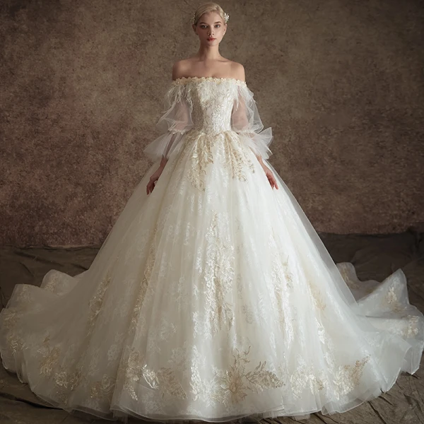 Classy Ivory Wedding Dresses 2019 Princess Off-The-Shoulder Puffy 3/4 Sleeve Appliques Lace Feather Pearl Chapel Train Ruffle Classy Ivory Wedding Dresses 2019 Princess Off-The-Shoulder Puffy 3/4 Sleeve Appliques Lace Feather Pearl Chapel Train Ruffle