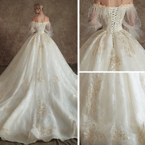 Chic Ivoire Robe De Mariée 2019 Princesse De l'épaule Gonflée 3/4 Manches Appliques En Dentelle Plumes Perle Chapel Train Volants
