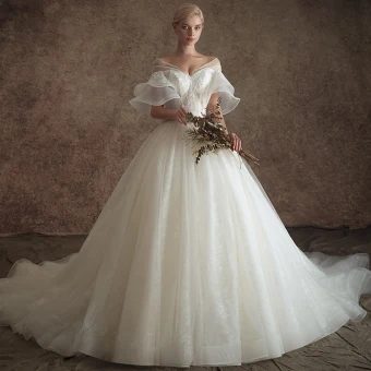 Elegante Ivoor Doorzichtige Trouwjurken 2019 A Lijn V Hals Bell Mouwen Ruglooze Appliques Kant Kralen Chapel Train Ruche