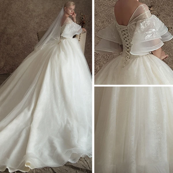 Elegante Ivory / Creme Durchsichtige Brautkleider / Hochzeitskleider 2019 A Linie V-Ausschnitt Glockenhülsen Rückenfreies Applikationen Spitze Perlenstickerei Kapelle-Schleppe Rüschen