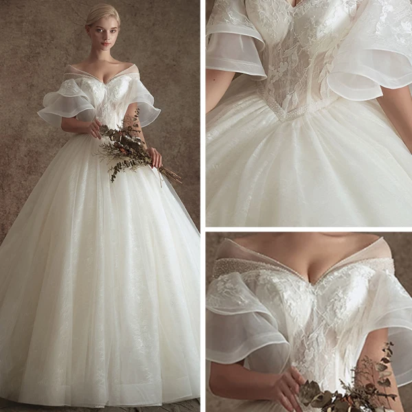 Elegante Ivory / Creme Durchsichtige Brautkleider / Hochzeitskleider 2019 A Linie V-Ausschnitt Glockenhülsen Rückenfreies Applikationen Spitze Perlenstickerei Kapelle-Schleppe Rüschen