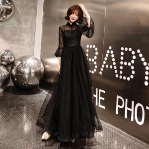Abordable Noire Dentelle Transparentes Robe De Soirée 2019 Princesse Col Haut Manches De Cloche Ceinture Longue Volants Dos Nu Robe De Ceremonie