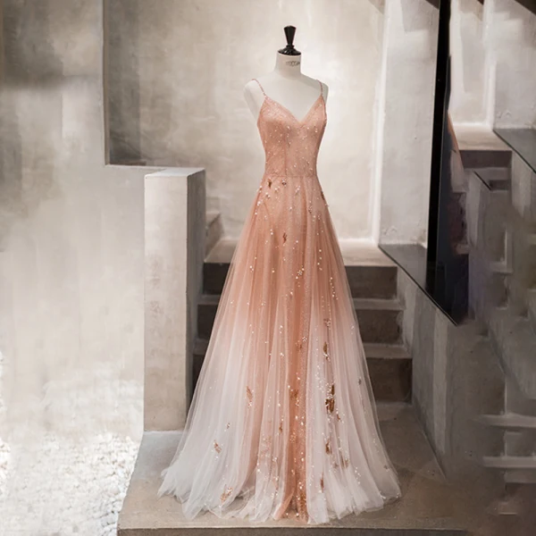 Fabuleux Champagne Dégradé De Couleur Robe De Soirée 2019 Princesse Bretelles Spaghetti Col v profond Sans Manches Glitter Tulle Perlage Longue Volants Dos Nu Robe De Ceremonie