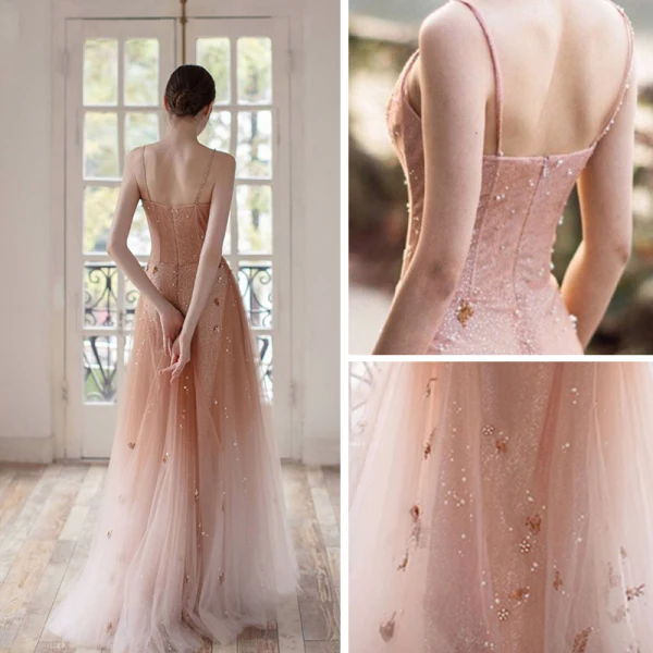 Fabuleux Champagne Dégradé De Couleur Robe De Soirée 2019 Princesse Bretelles Spaghetti Col v profond Sans Manches Glitter Tulle Perlage Longue Volants Dos Nu Robe De Ceremonie