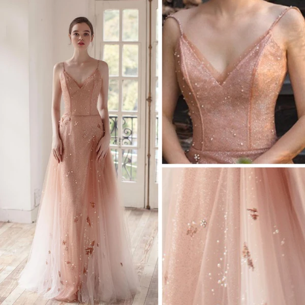 Fabuleux Champagne Dégradé De Couleur Robe De Soirée 2019 Princesse Bretelles Spaghetti Col v profond Sans Manches Glitter Tulle Perlage Longue Volants Dos Nu Robe De Ceremonie