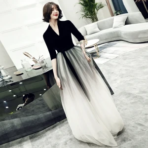 Chic Beautiful Black Suede Evening Dresses 2019 A Line Princess Deep V Neck 1 2 Sleeves Sash Floor Length Long Ruffle Formal Dresses